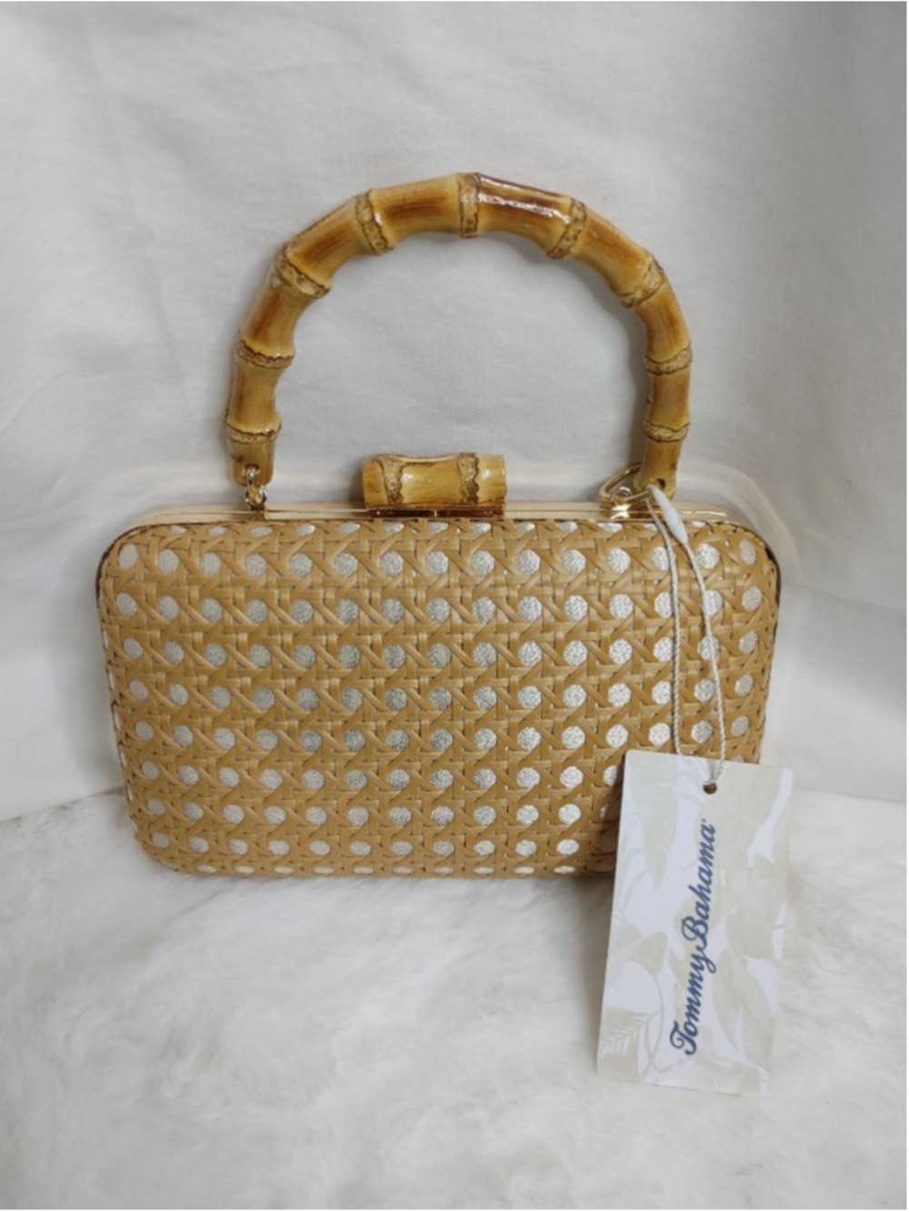 New! Women's Tommy Bahama Rattan & Bamboo Clutch Brown White